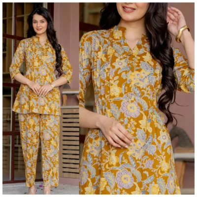 Mustard Yellow Floral Cotton Co-Ord Set – Pattern 1