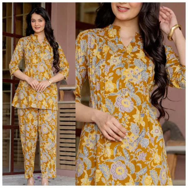 1 Mustard Yellow Floral Cotton Co-Ord Set – Pattern 1