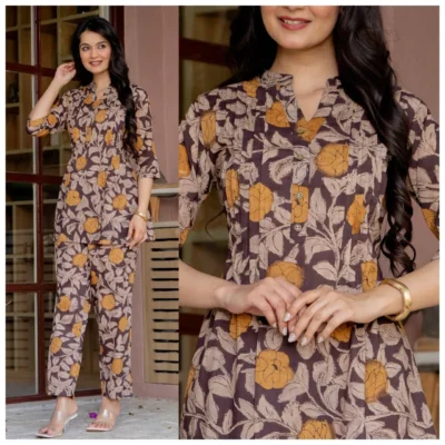 Brown Floral Cotton Co-Ord Set – Pattern 3