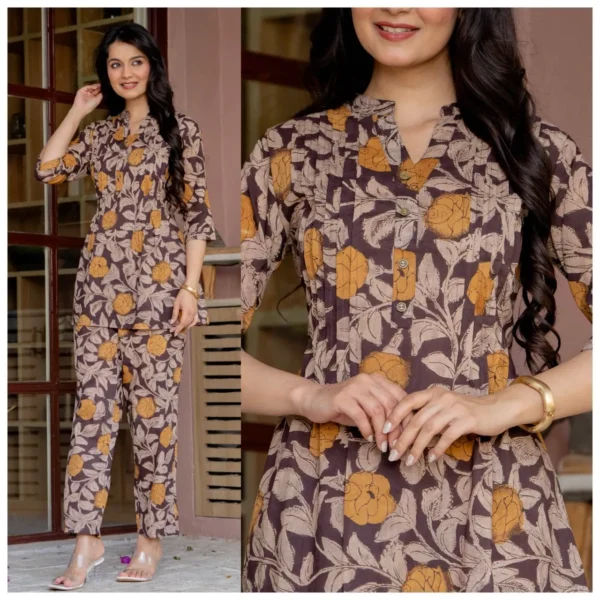 Brown Floral Cotton Co-Ord Set – Pattern 3