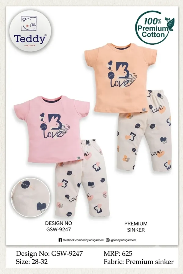 9247-peach-28-30-32 Teddy Girls Night Suit – Design 9247