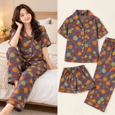 Swasa Signatures Korean 3 Piece Night Suit – Ash Floral