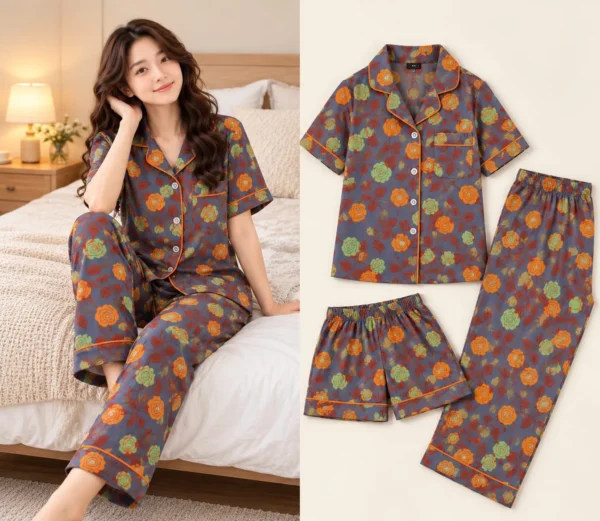 ASH FLORAL-L,3XL-744 Swasa Signatures Korean 3 Piece Night Suit – Ash Floral
