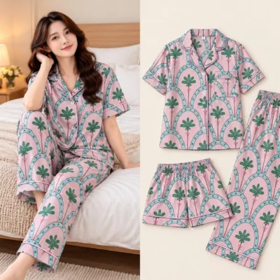 Swasa Signatures Korean 3 Piece Night Suit – Green Palm