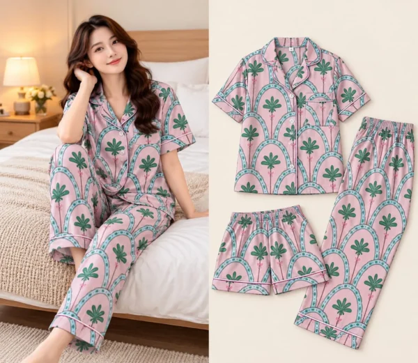 GREEN PALM-L,XXL,3XL-744 Swasa Signatures Korean 3 Piece Night Suit – Green Palm