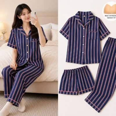 Swasa Signatures Korean 3 Piece Padded Night Suit – Navy Stripes