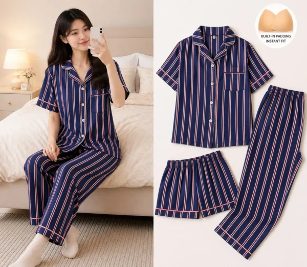 NAVY STRIPES-3-L,5-XL,XXL,2-3XL-799 Swasa Signatures Korean 3 Piece Padded Night Suit – Navy Stripes