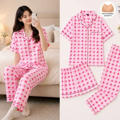Swasa Signatures Korean 3 Piece Padded Night Suit – Pink Checks Heart