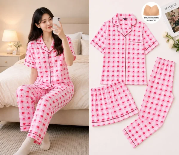 PINK CHECKS HEART-2-L,4-XL,2-XXL,2-3XL-799 Swasa Signatures Korean 3 Piece Padded Night Suit – Pink Checks Heart
