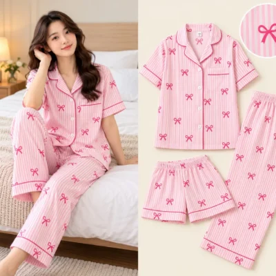 PINK STRIPES BOW-L,XL-744 Swasa Signatures Korean 3 Piece Night Suit – Pink Stripes Bow