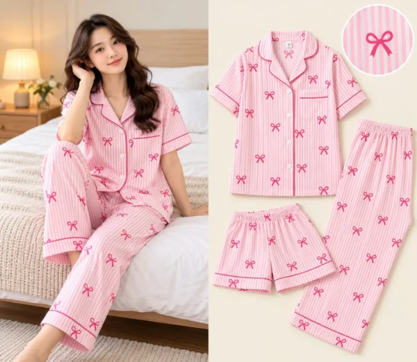 PINK STRIPES BOW-L,XL-744 Swasa Signatures Korean 3 Piece Night Suit – Pink Stripes Bow