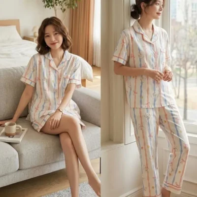 STRIPES BOW-L,XL.XXL-744 Swasa Signatures Korean 3 Piece Night Suit – Stripes Bow