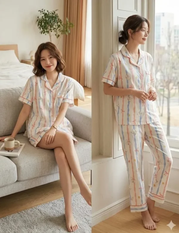 STRIPES BOW-L,XL.XXL-744 Swasa Signatures Korean 3 Piece Night Suit – Stripes Bow