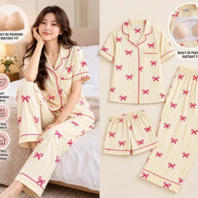 Swasa Signatures Korean 3 Piece Padded Night Suit – Yellow Stripes Bow