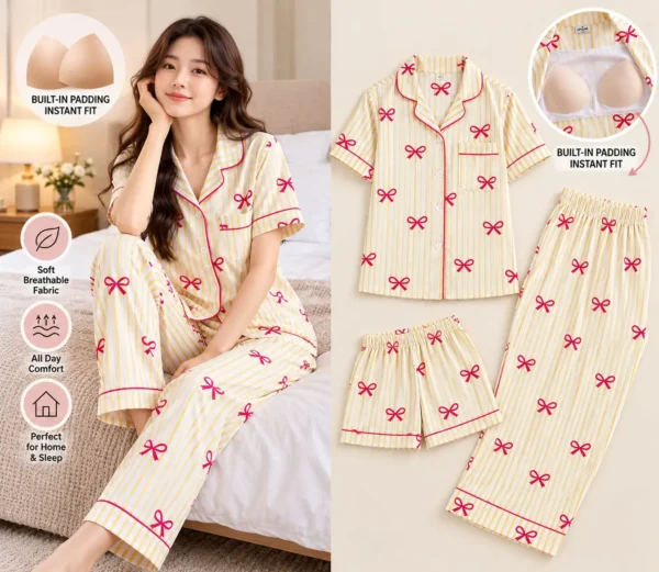 YEL STRIPES BOW-6-XL-799 Swasa Signatures Korean 3 Piece Padded Night Suit – Yellow Stripes Bow