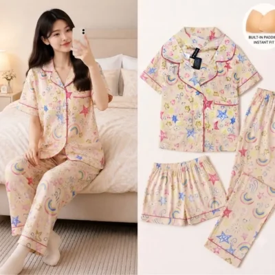Swasa Signatures Korean 3 Piece Padded Night Suit – Yellow Stars