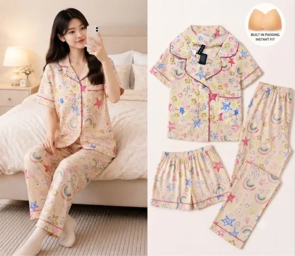 YELL-STARS-L,2-XL,XXL-799 Swasa Signatures Korean 3 Piece Padded Night Suit – Yellow Stars