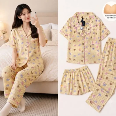 Swasa Signatures Korean 3 Piece Padded Night Suit – Yellow Checks