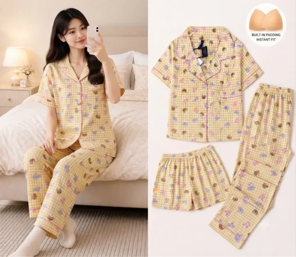 YELLOW CHECKS-2-L,2-XL,XXL,3XL-799 Swasa Signatures Korean 3 Piece Padded Night Suit – Yellow Checks